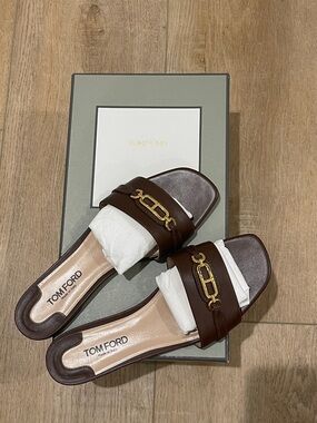 Tom Ford Dark Brown Leather Slide Mules with Gold Chain Detail